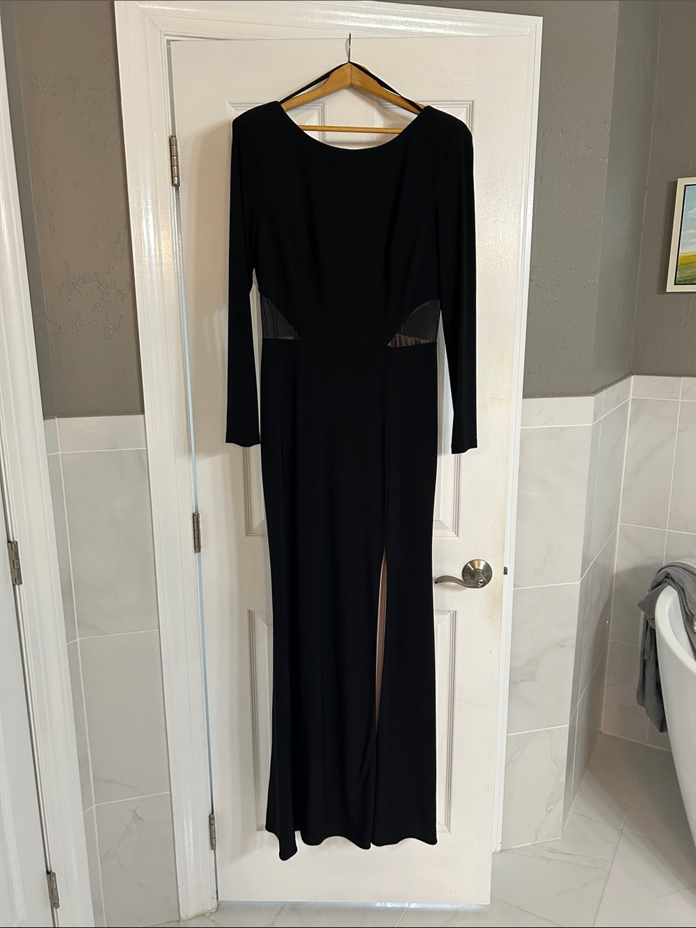 Xscape Black Long-Sleeve Evening Gown with Side Cutouts and Slit
